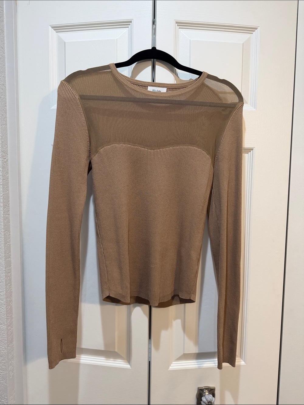 Sheer Yoke Long Sleeve Rib Knit Top - Tan